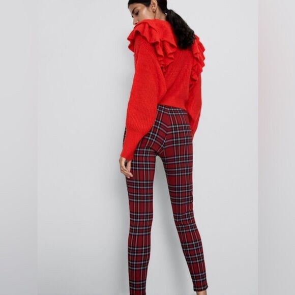 Zara Holiday‎ Red Plaid Mid Rise Stretch Legging Pants, Size Medium NWT - Picture 5 of 16